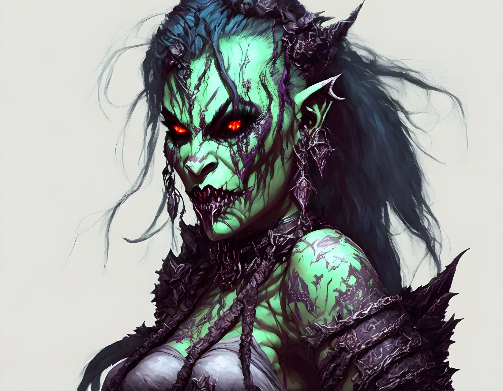 Green-skinned female creature with red eyes and black armor illustration.