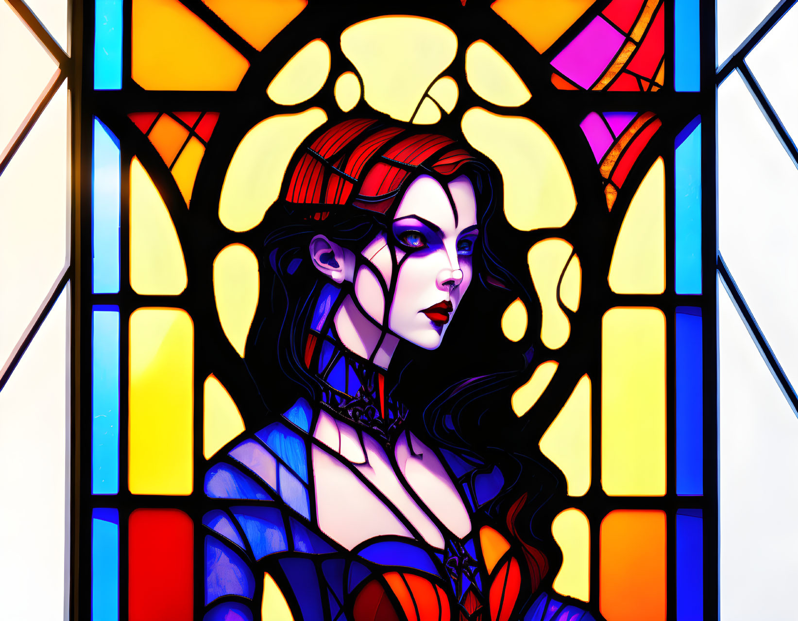 Colorful Stylized Woman in Vibrant Stained Glass Artwork