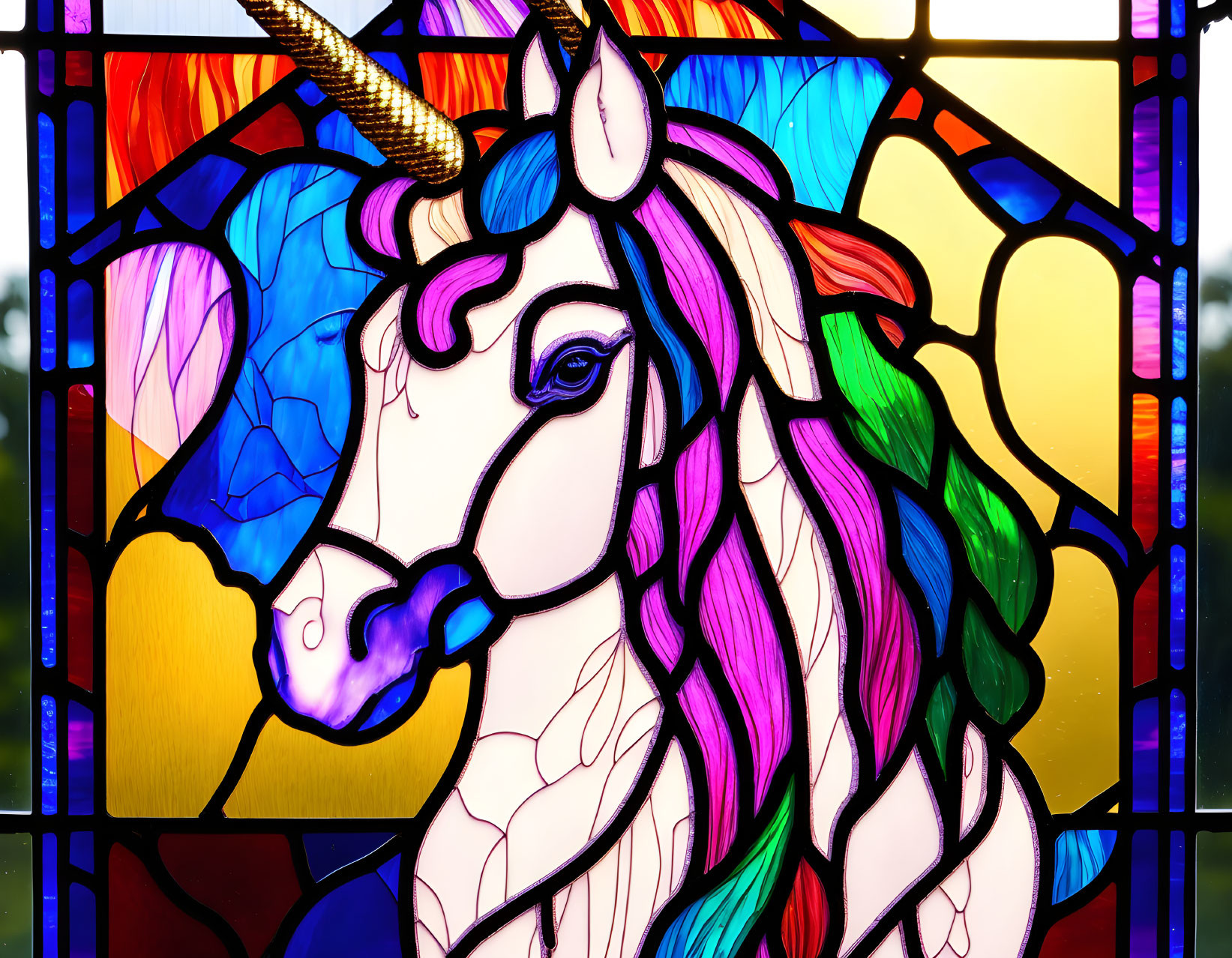 Vibrant unicorn-themed stained glass window in blue and red hues