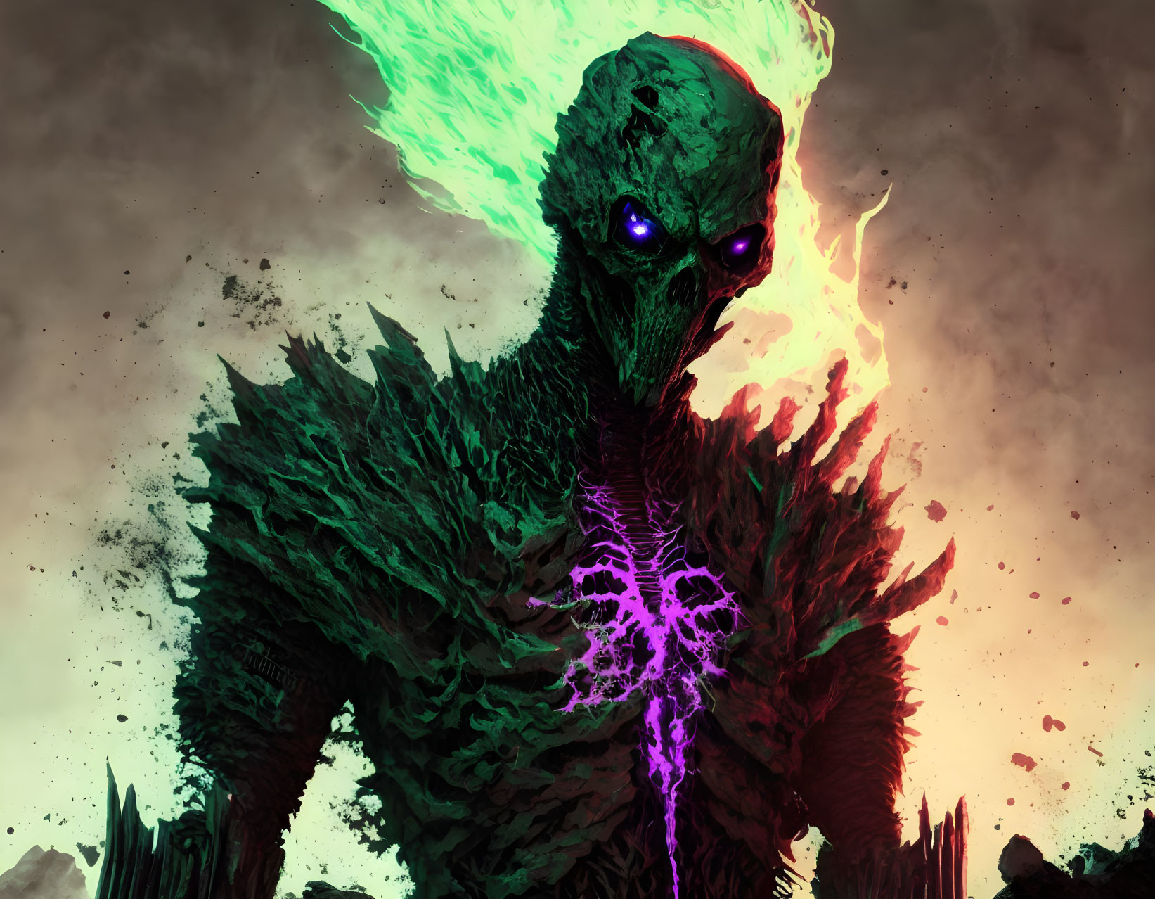 Monstrous green fiery creature with glowing purple skeletal features