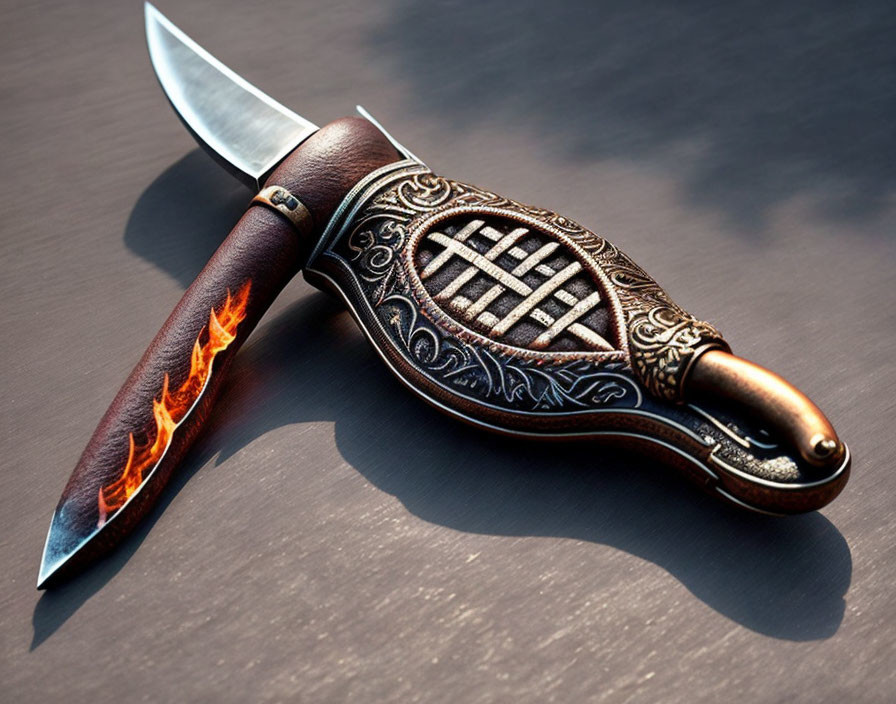 Bronze-handled knife with fire pattern on dark surface