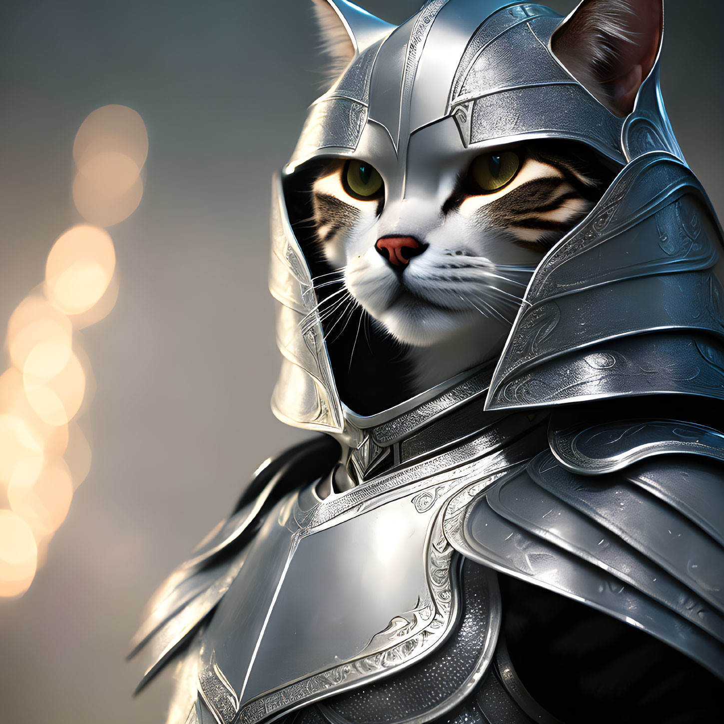 Digital Artwork: Cat in Medieval Knight Armor with Detailed Designs