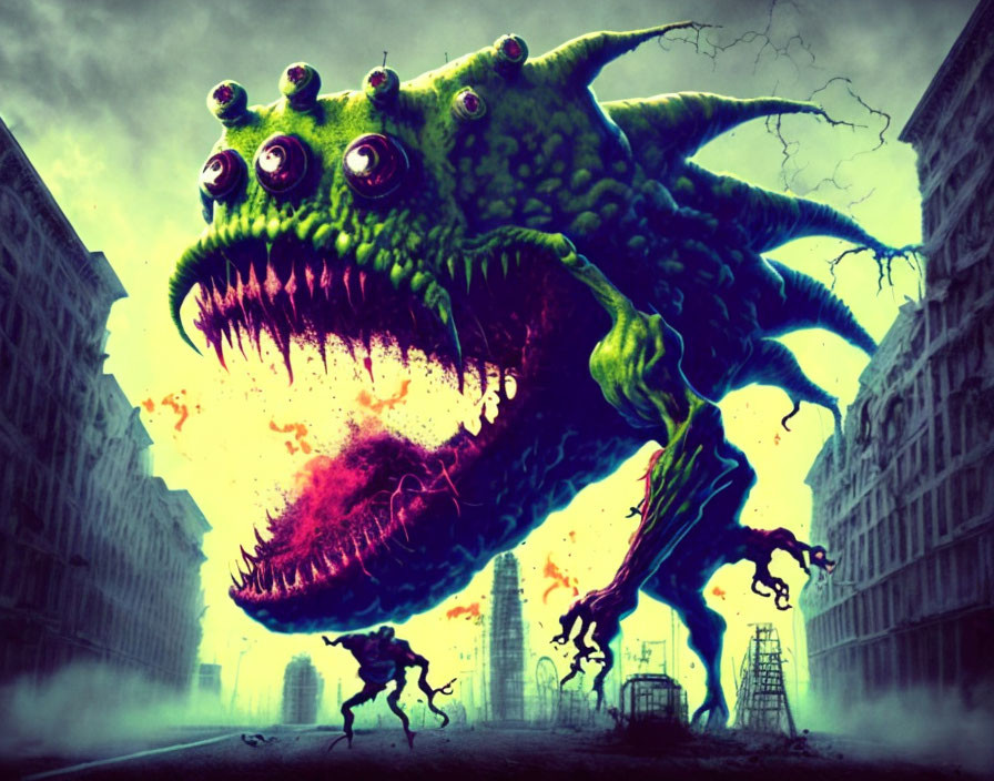 Monstrous green creature with multiple eyes in post-apocalyptic cityscape