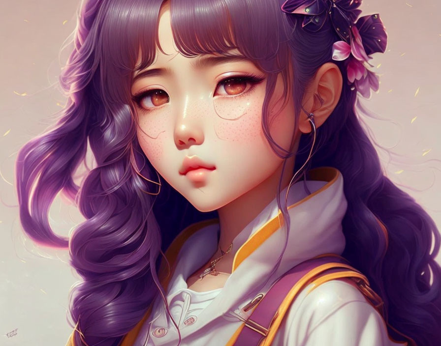 Illustration of girl with expressive eyes, purple hair, yellow outfit & floral hair accessories