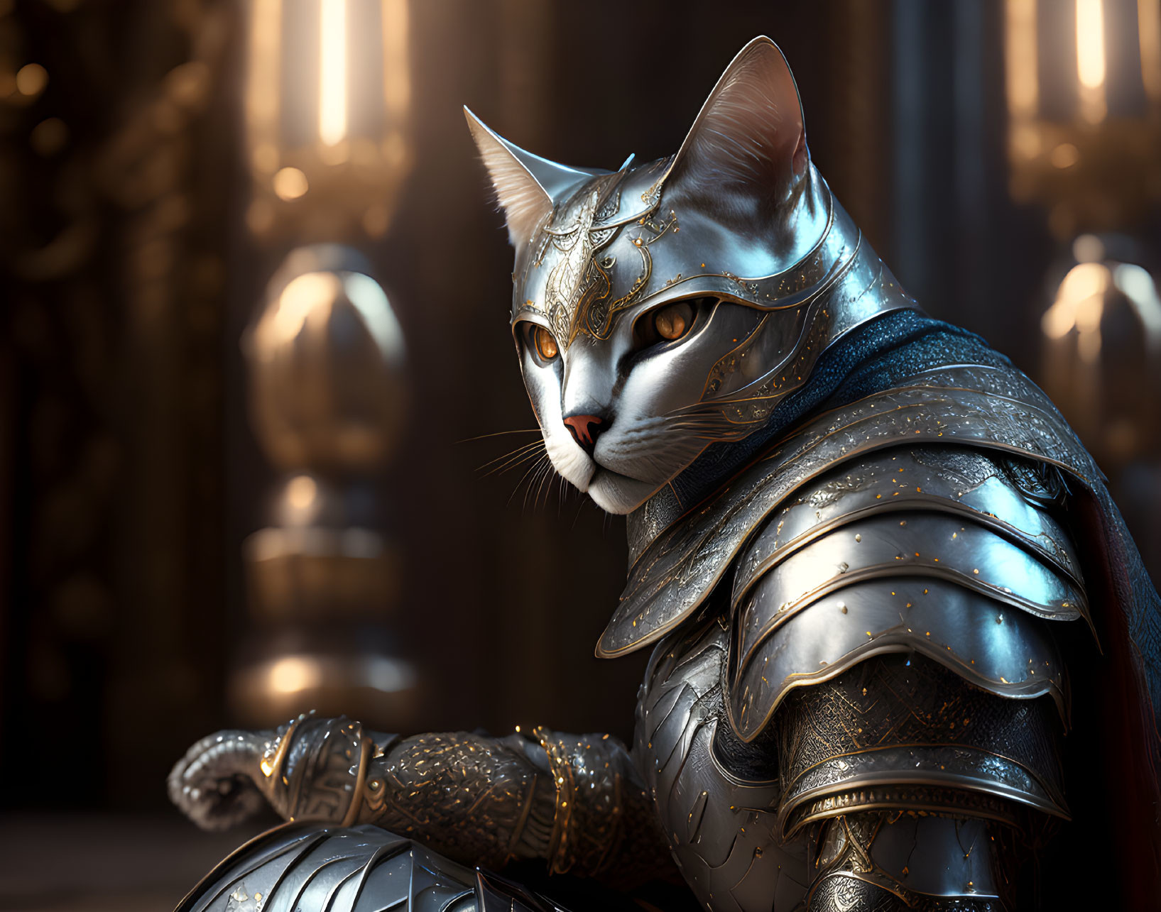 Regal Cat in Medieval Armor with Piercing Eyes