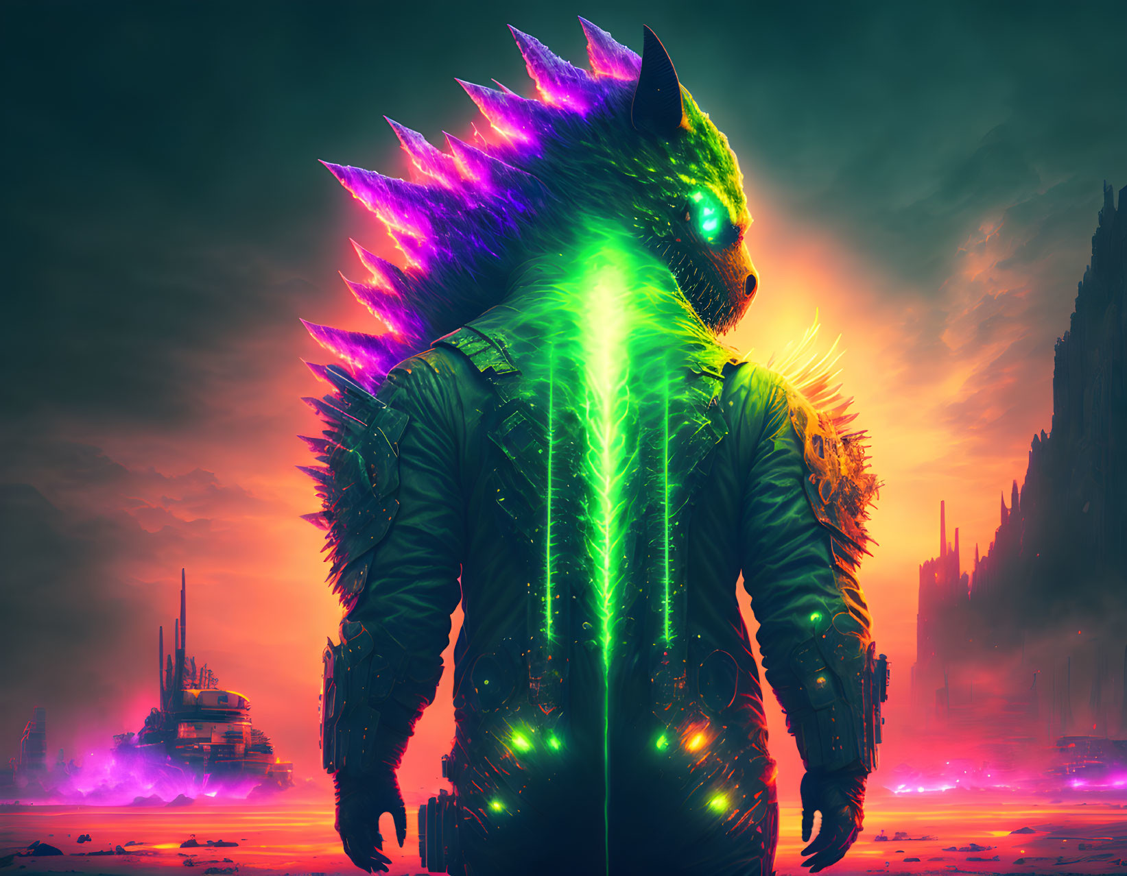 Futuristic neon-spiked creature in dystopian cityscape