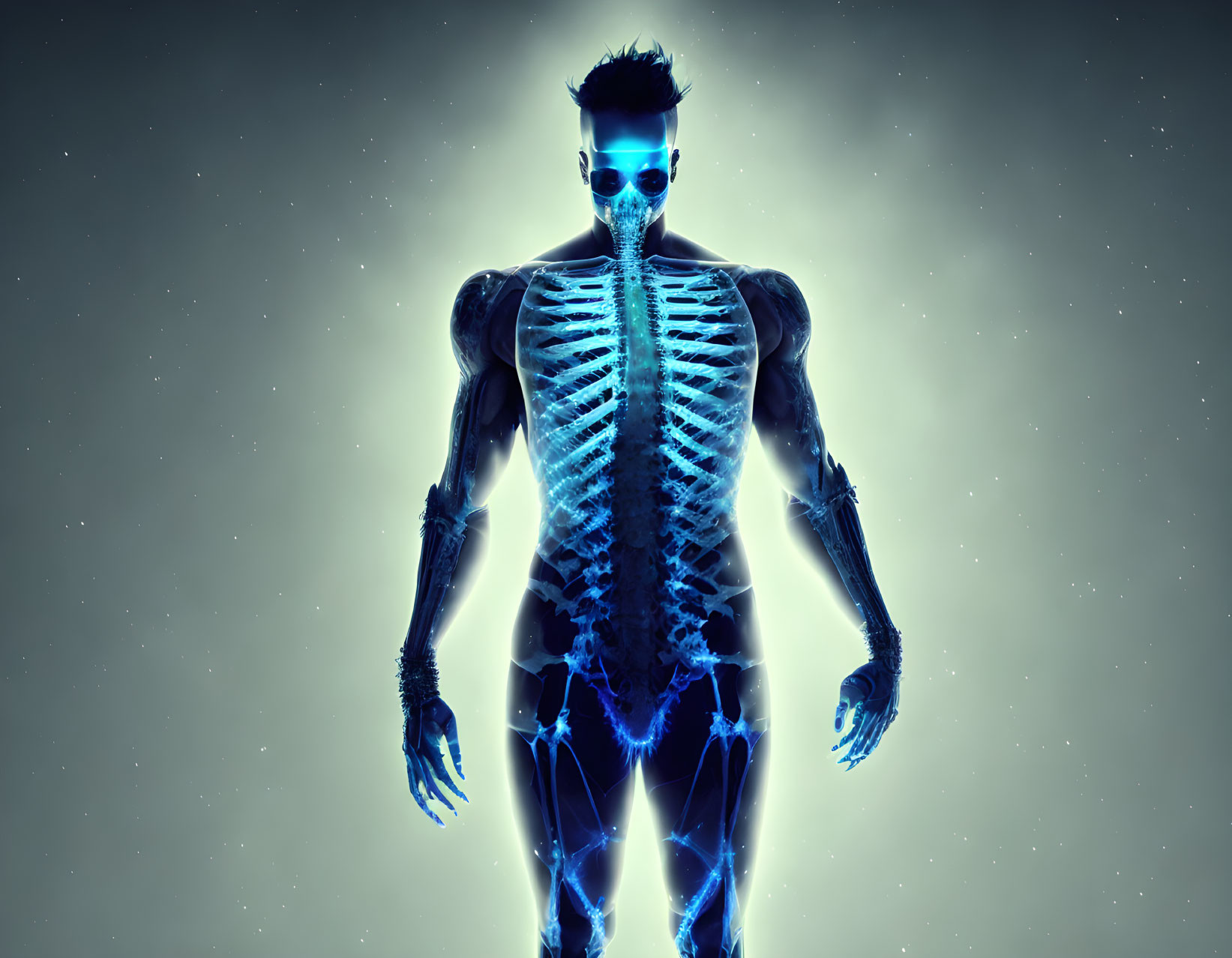 Digital illustration of human figure with glowing blue skeleton and muscles on dark background