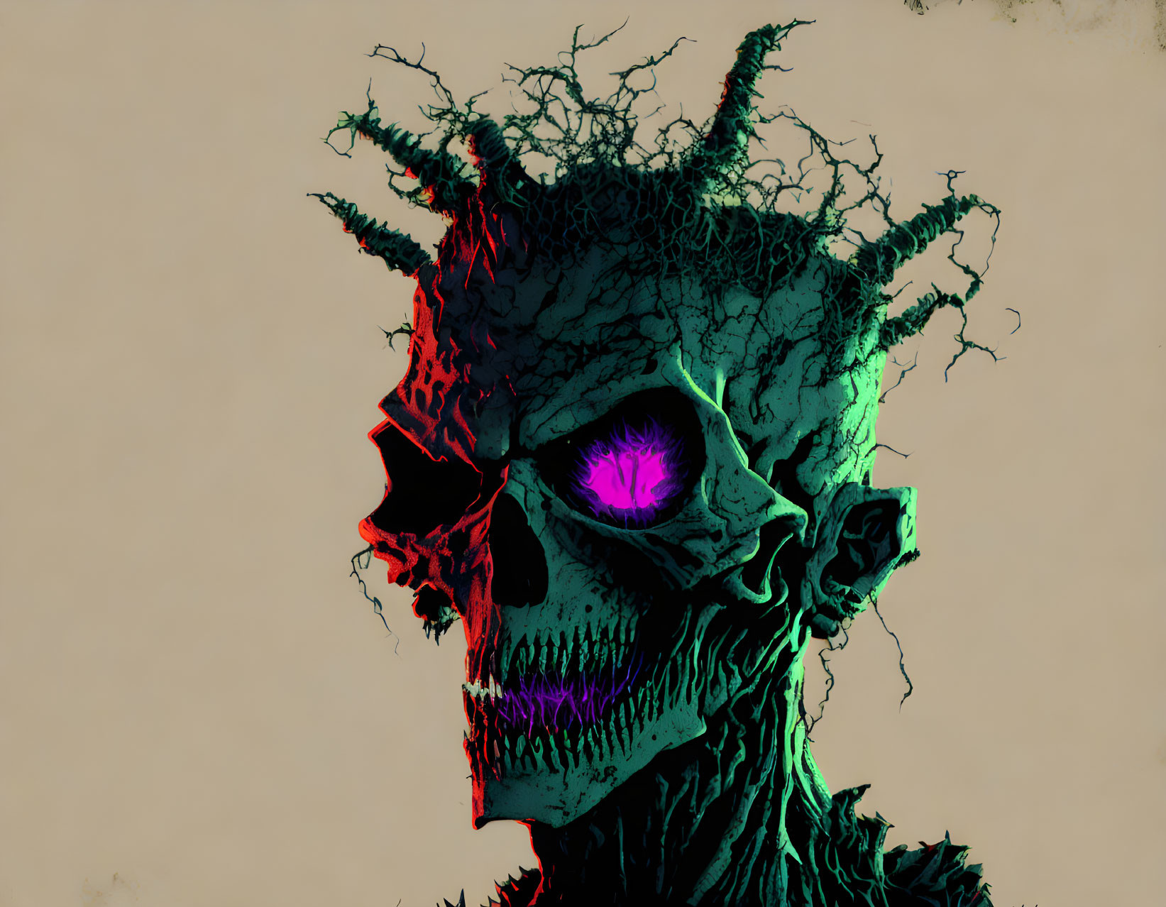 Colorful Digital Artwork: Skull with Glowing Purple Eye