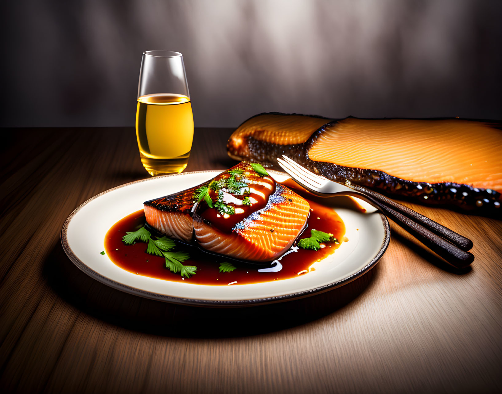 Teriyaki Glazed Grilled Salmon Fillet with Parsley Garnish on White Plate