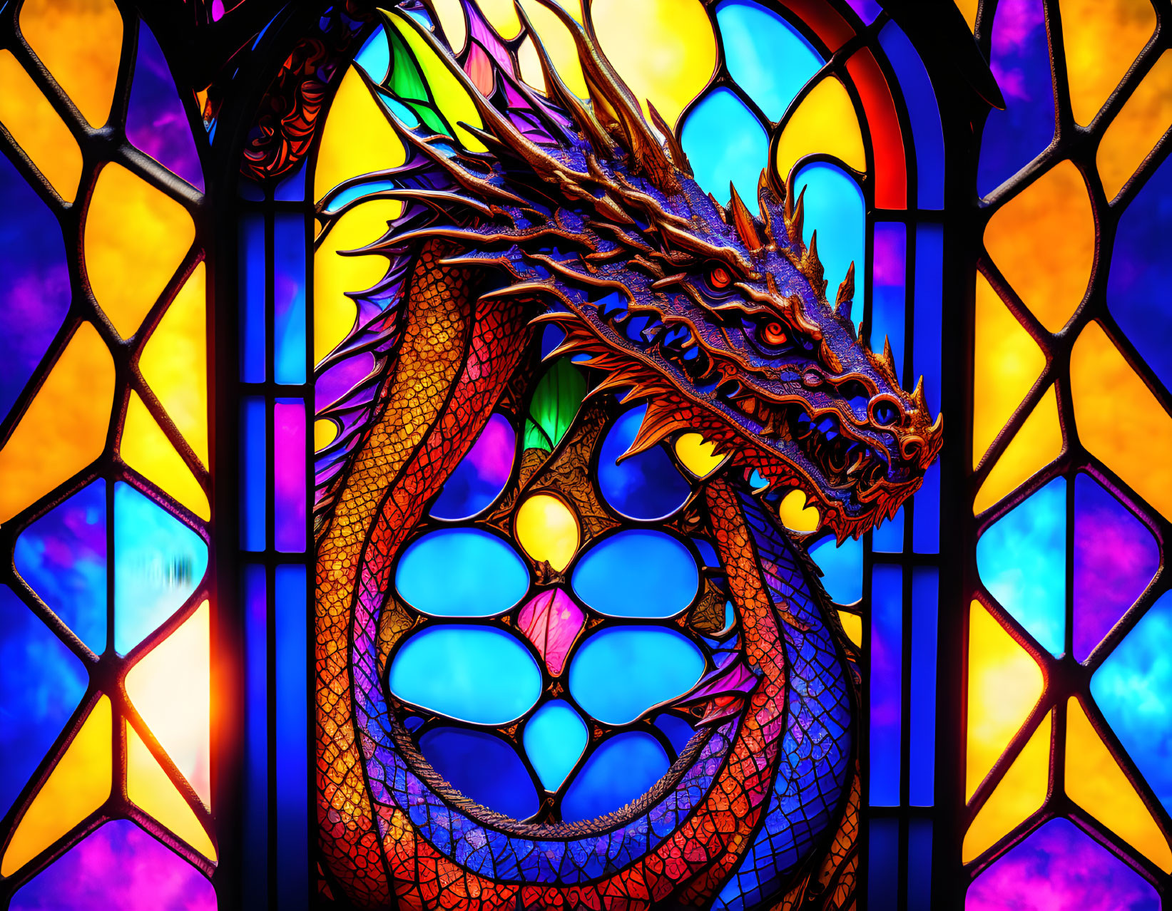 Vibrant dragon in colorful stained glass window