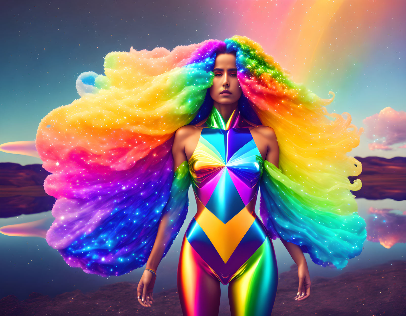 Colorful Woman with Rainbow Hair in Vibrant Bodysuit against Dusk Sky