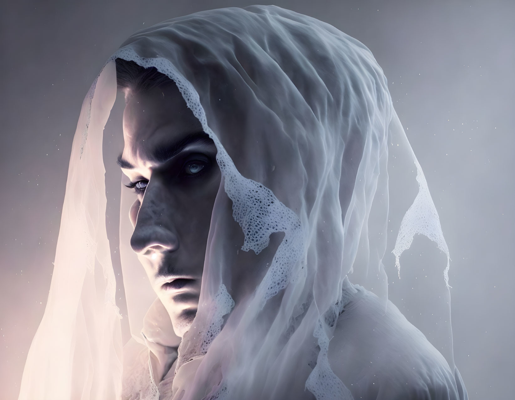 Intense gaze person veiled in translucent fabric against soft backlit setting