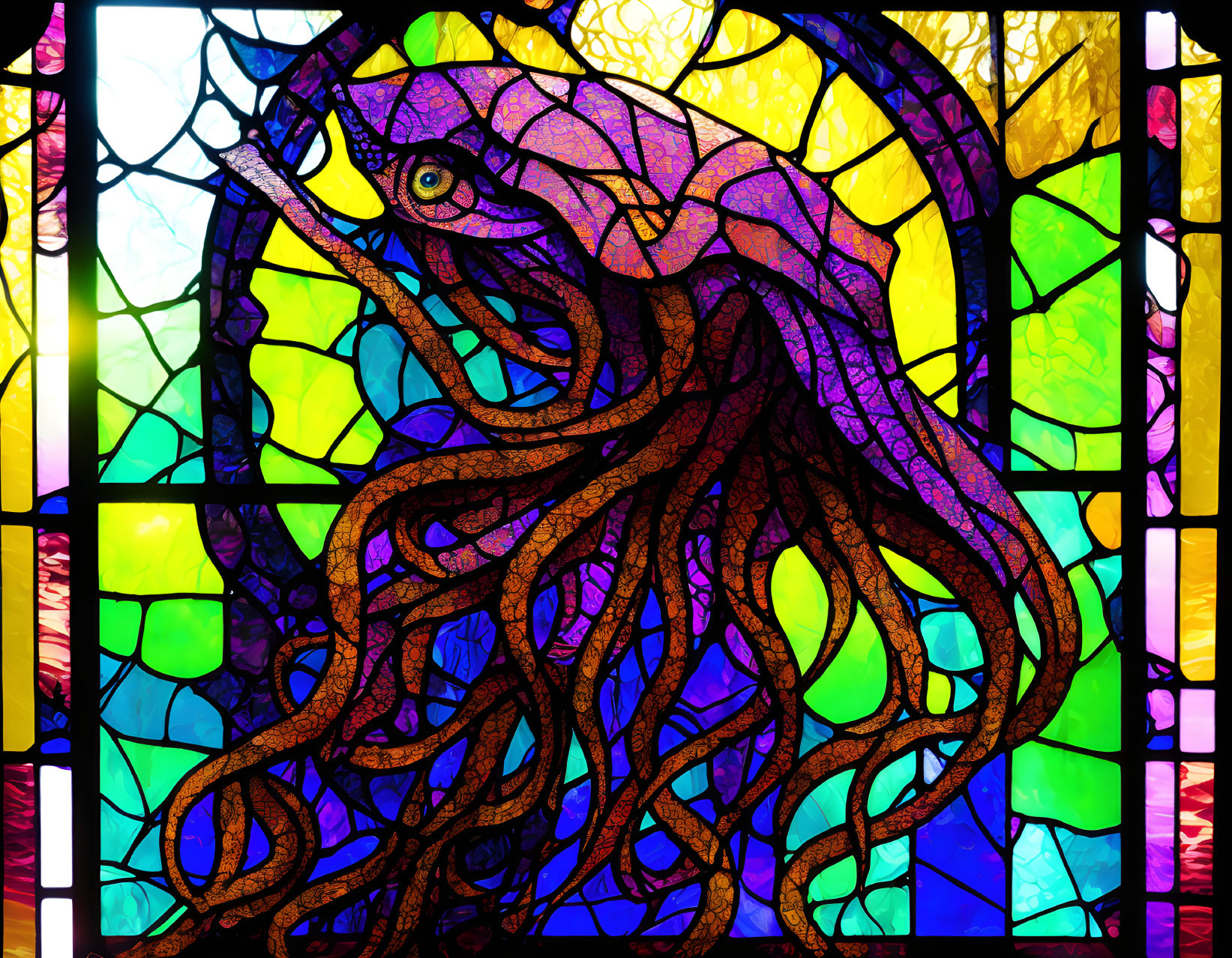 Colorful octopus stained glass window with swirling tentacles