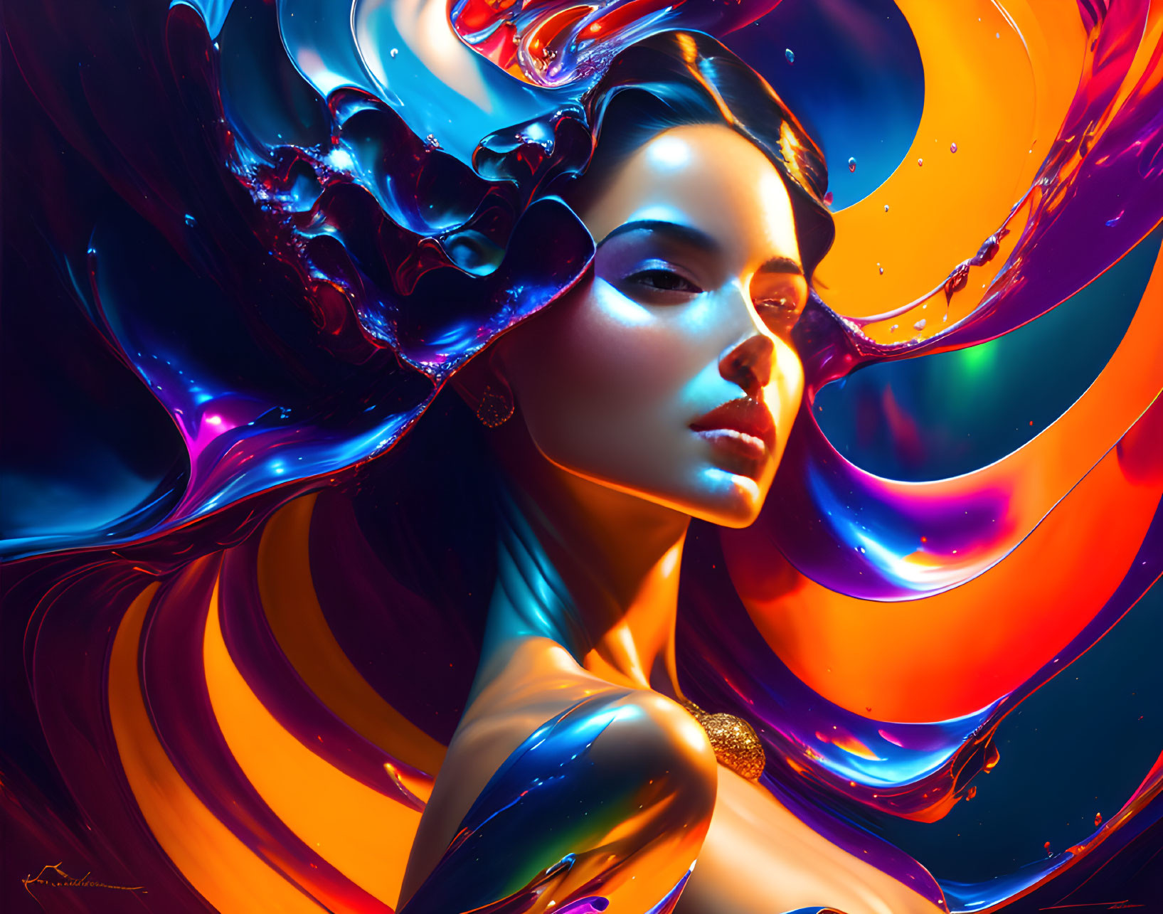 Colorful Artwork: Woman with Sleek Hair Submerged in Glossy, Multicolored Liquid