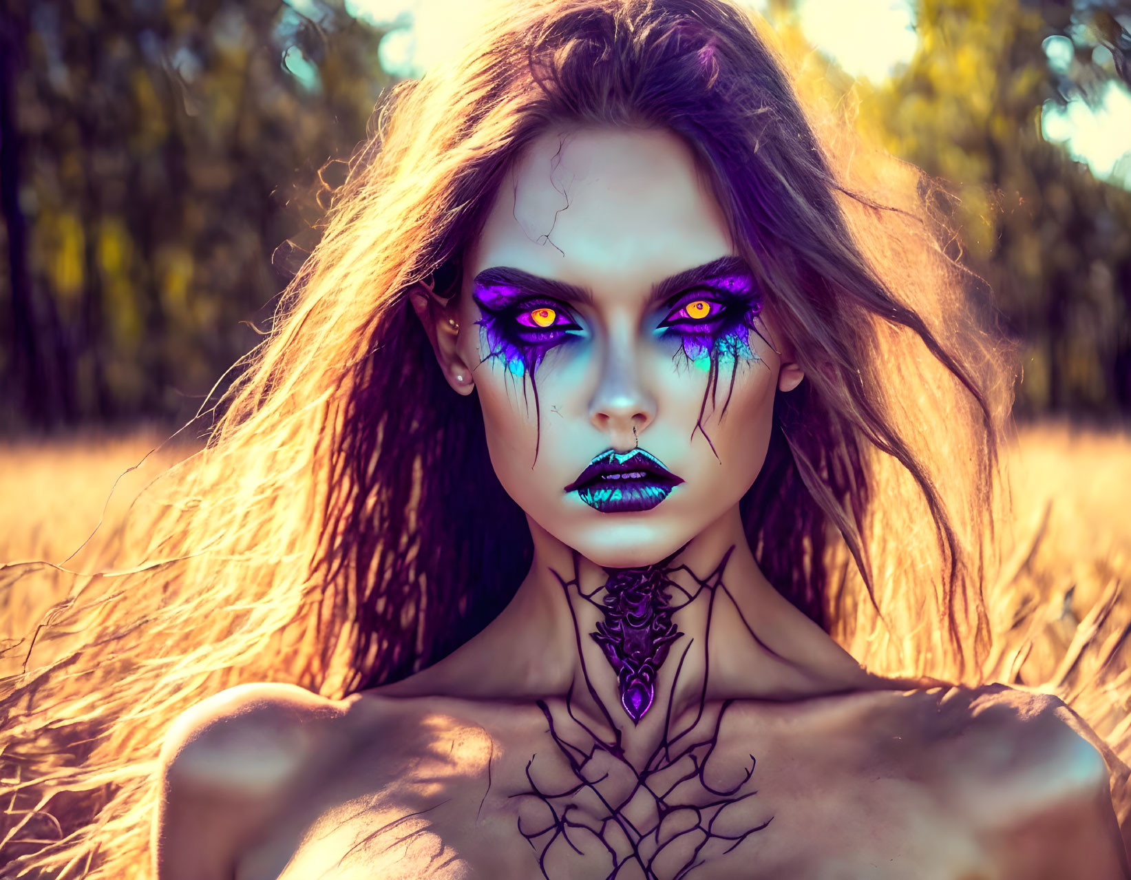 Striking Purple Makeup and Black Patterns on Woman Against Nature Background