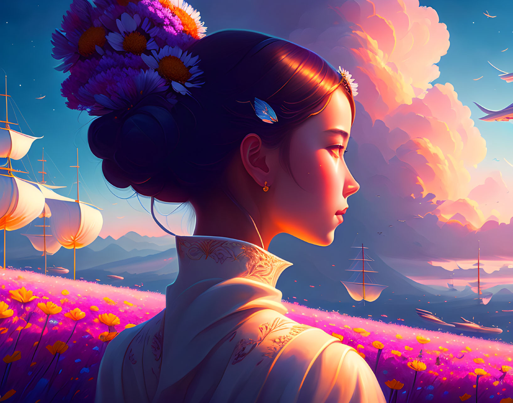 Stylized portrait of woman with flowers, vibrant landscape of sailing ships and purple flowers under sunset sky