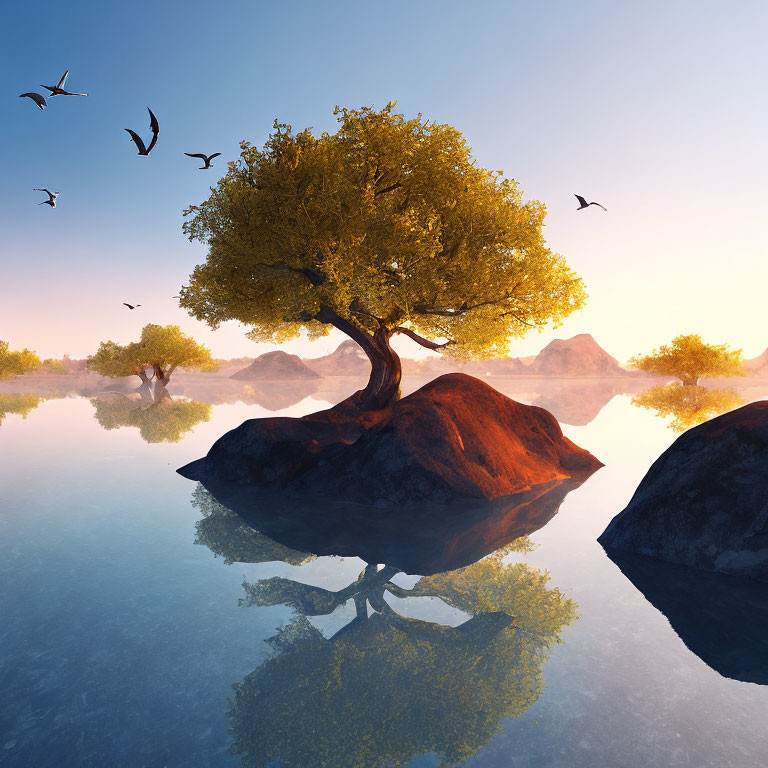 Lush tree on rocky outcrop reflected in calm waters at sunrise