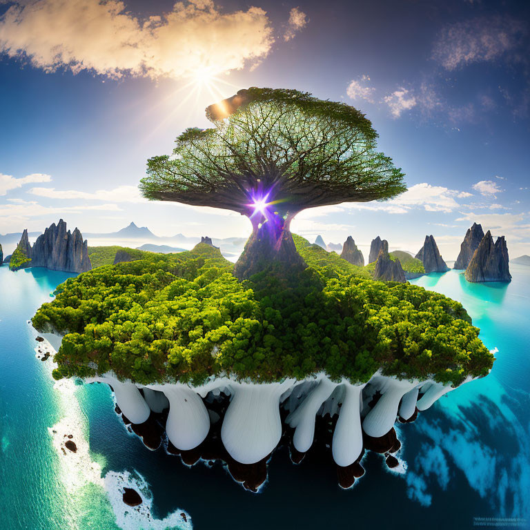 Surreal floating island with large tree, rocky peaks, tranquil sea, sunny sky