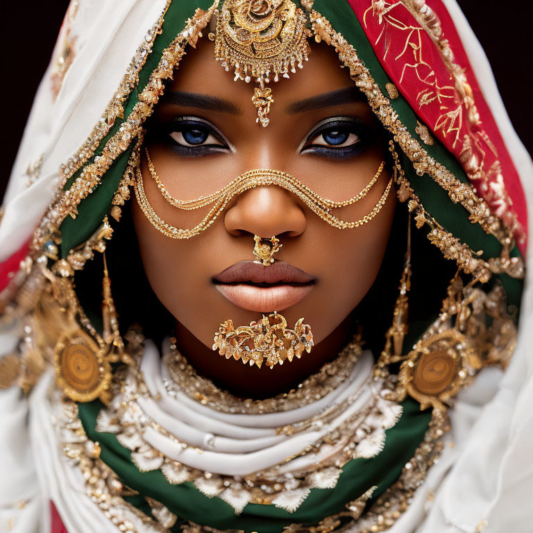 Woman with Striking Blue Eyes in Ornate Headscarf and Gold Jewelry