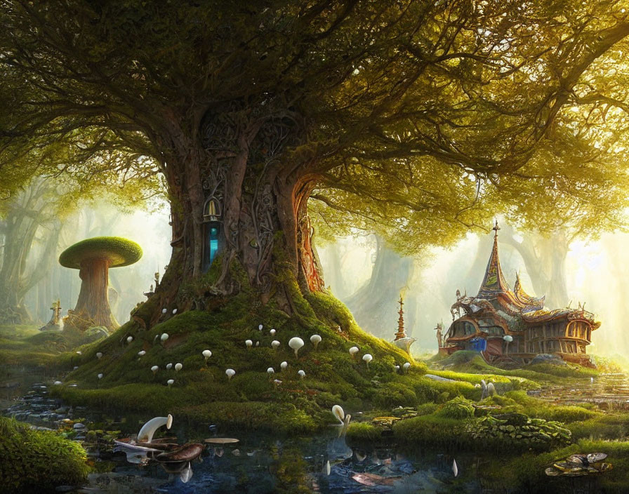 Enchanting forest scene with ancient tree door, fantasy house, mushrooms, ducks, and light beams