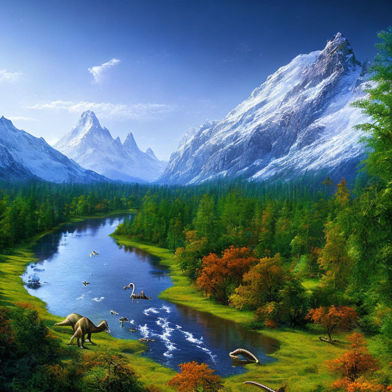 Dinosaur-filled landscape with lush valley, river, forests, mountains