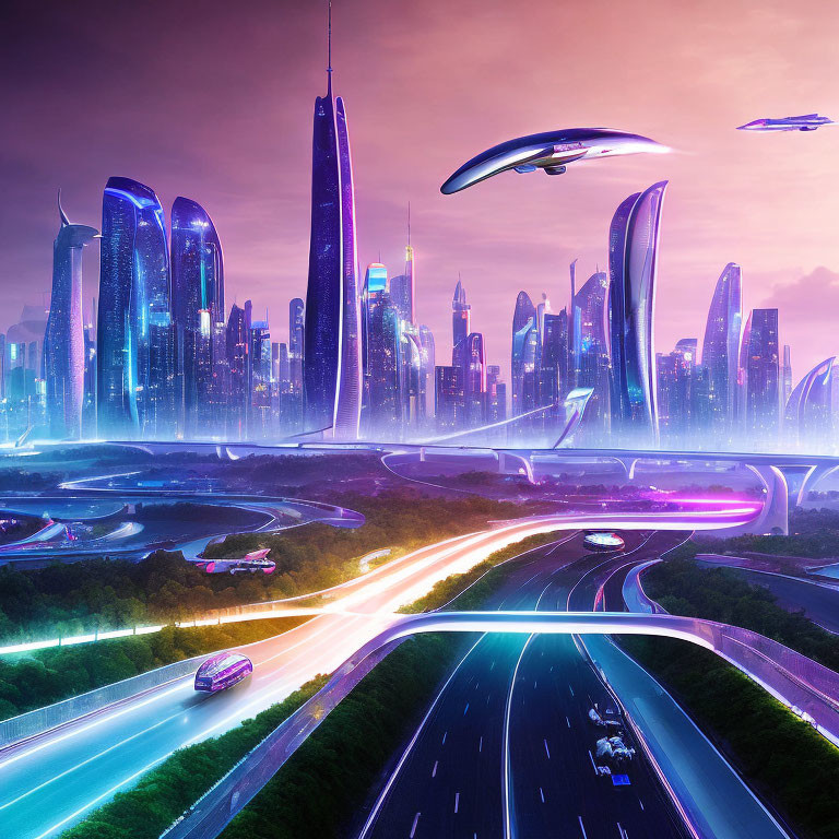 Futuristic cityscape at twilight with illuminated skyscrapers