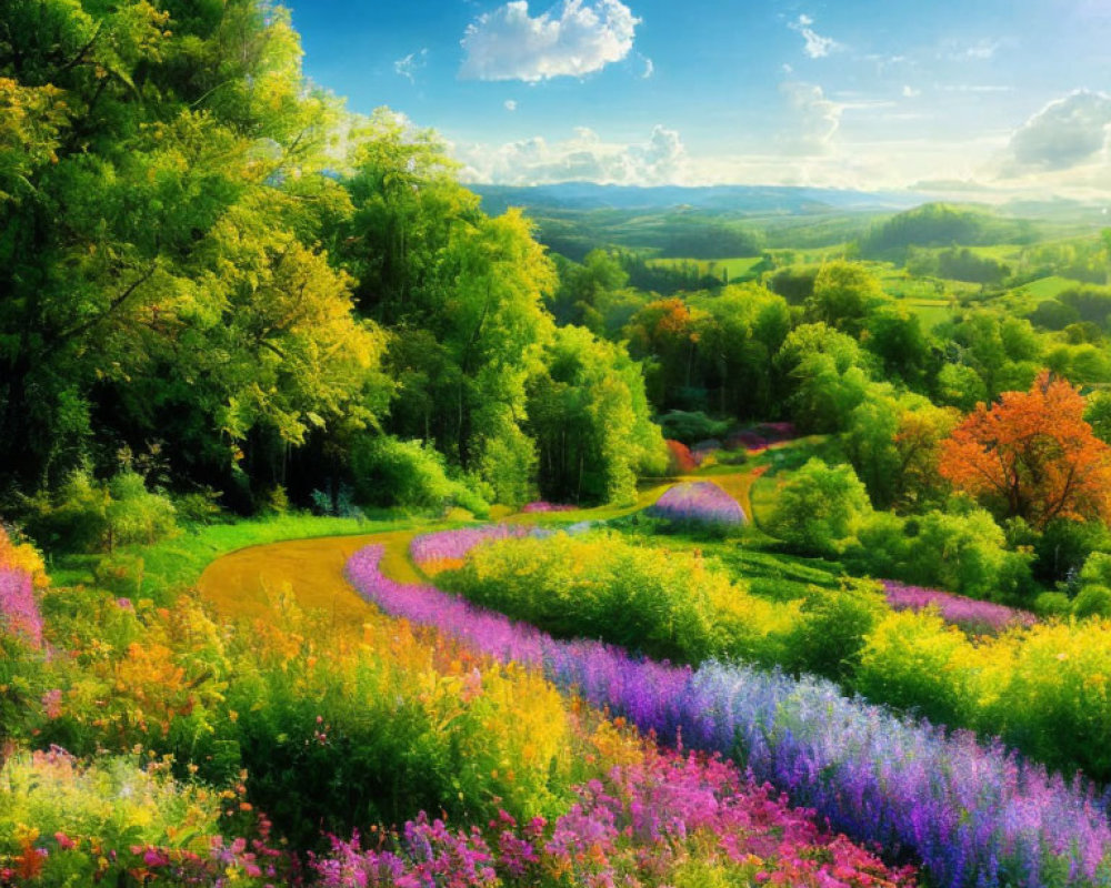 Colorful Wildflower Meadow Landscape with Winding Path