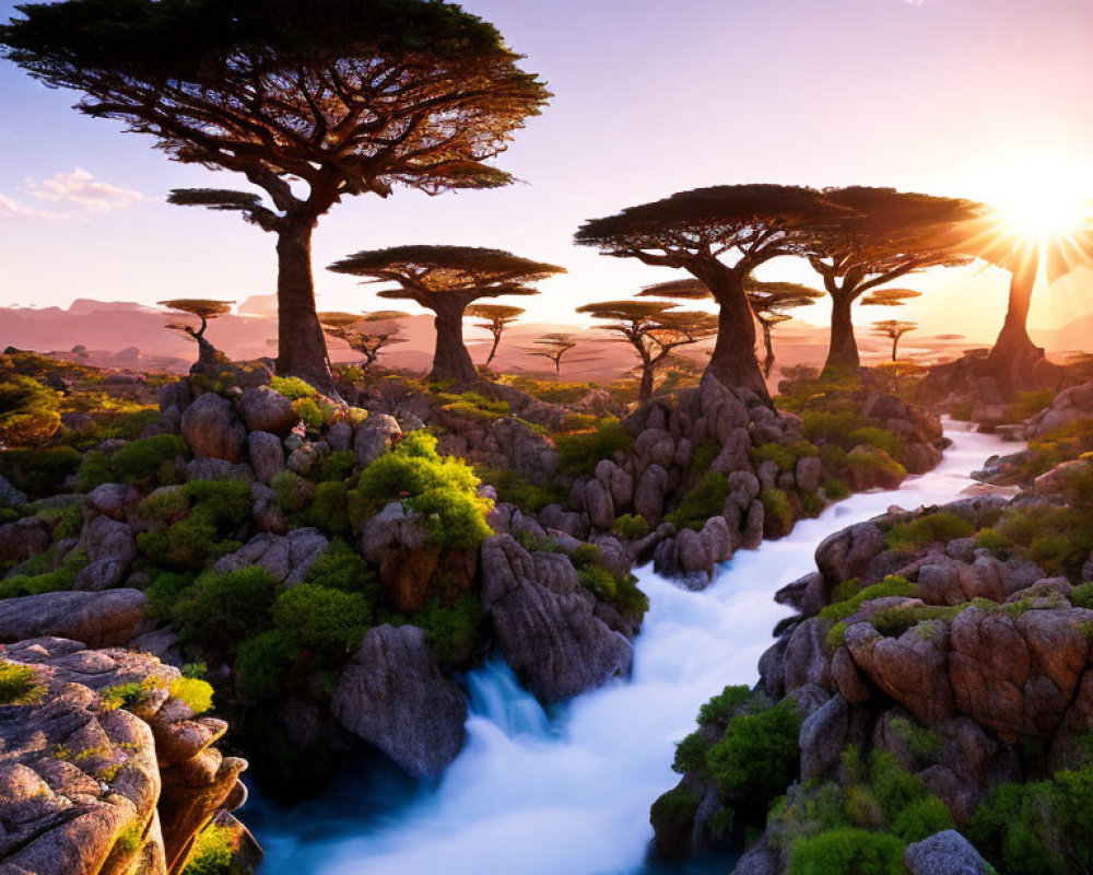 Scenic sunset landscape with river, trees, and rocky terrain