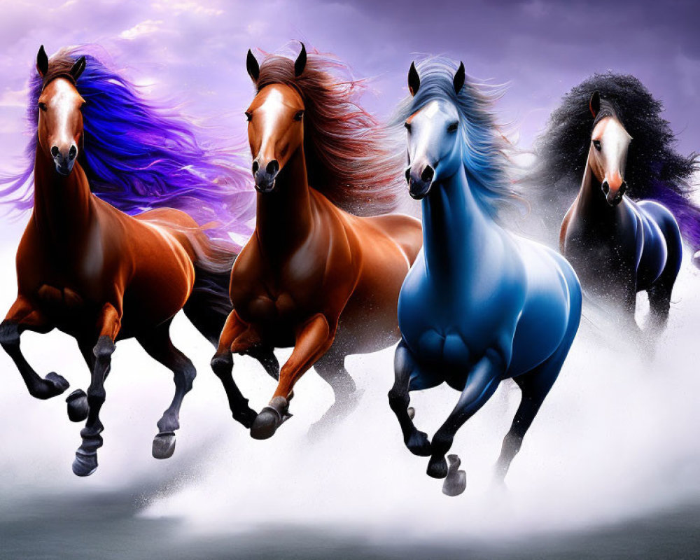 Four Vibrant Horses Gallop Under Purple Sky