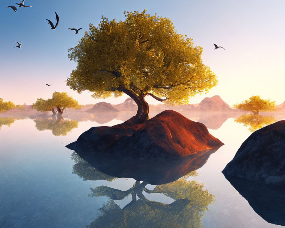 Lush tree on rocky outcrop reflected in calm waters at sunrise