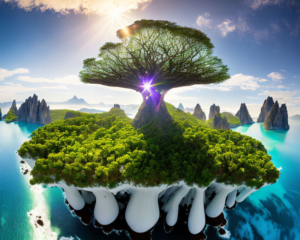 Surreal floating island with large tree, rocky peaks, tranquil sea, sunny sky