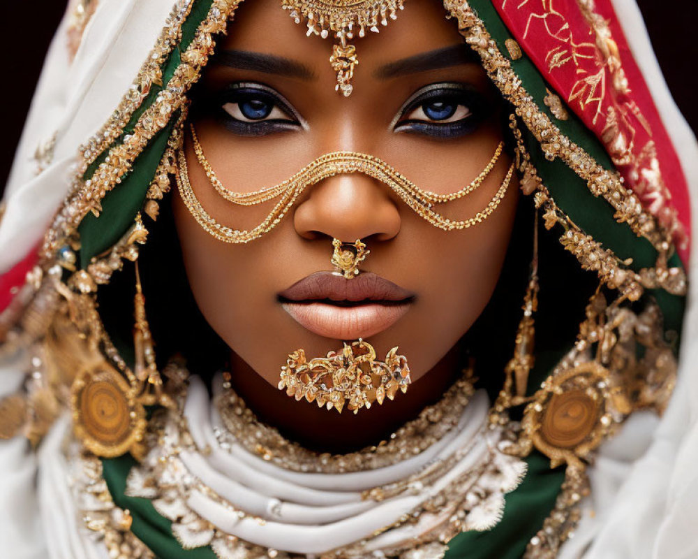 Woman with Striking Blue Eyes in Ornate Headscarf and Gold Jewelry