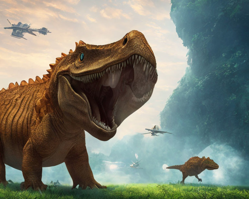 Roaring Tyrannosaurus Rex with Dinosaurs and Military Airplanes in Misty Landscape