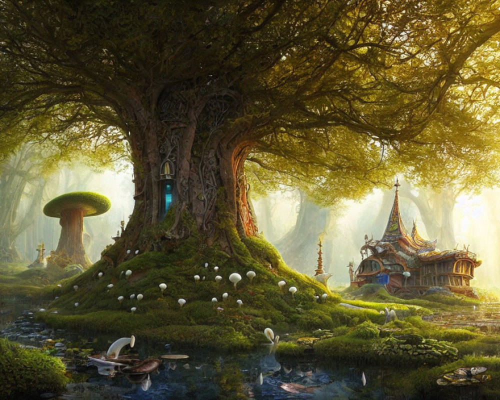 Enchanting forest scene with ancient tree door, fantasy house, mushrooms, ducks, and light beams