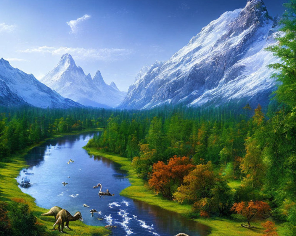 Dinosaur-filled landscape with lush valley, river, forests, mountains