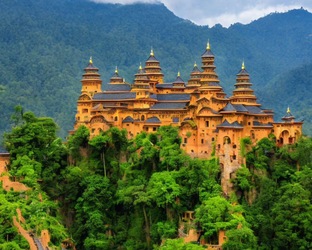 Palace complex on lush hillside with green forest surroundings