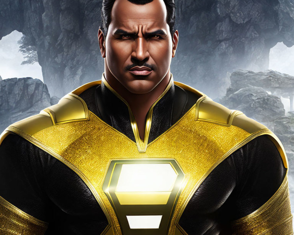 Superhero digital art: strong jawline, black and gold suit, glowing chest emblem, rocky background