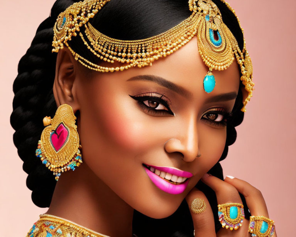 Woman adorned in intricate gold jewelry and vibrant makeup against pink background.