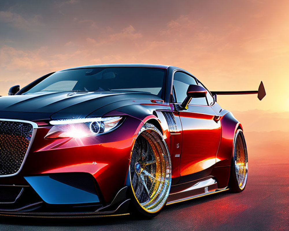 Red and Black Sports Car with Glowing Rims and LED Headlights at Sunset