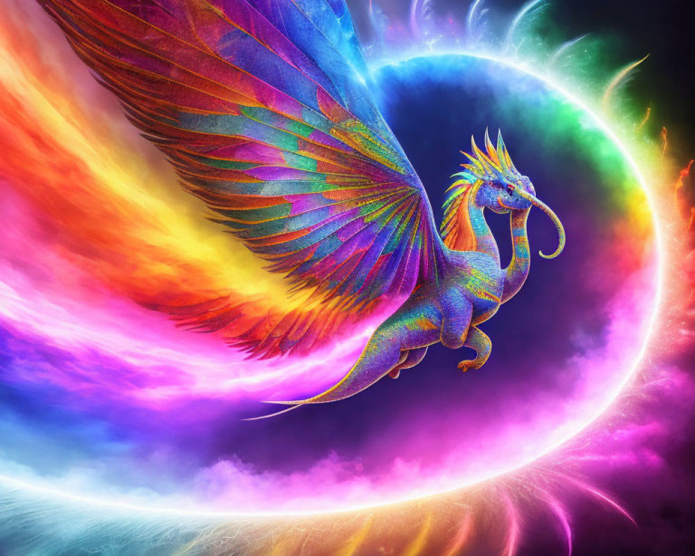 Colorful Dragon with Multicolored Wings in Cosmic Setting