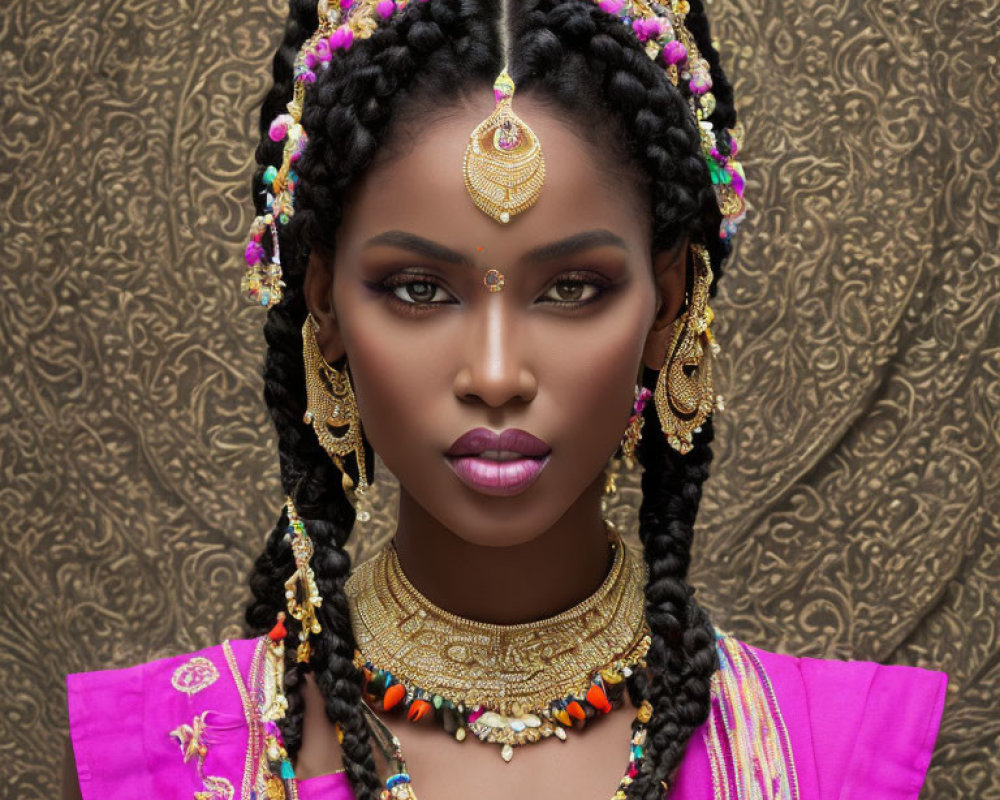 Traditional Indian Jewelry on Woman in Vibrant Pink Outfit