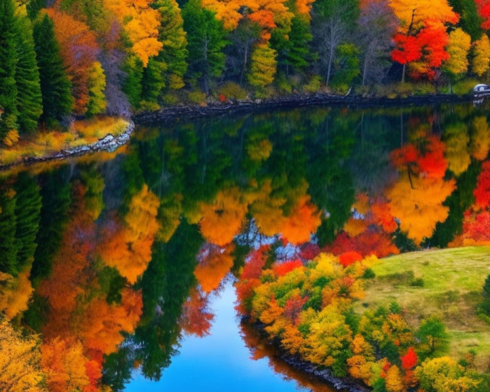 Tranquil autumn lake scene with vibrant fall foliage reflections