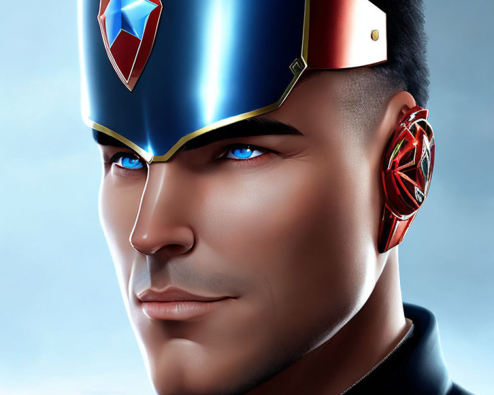 Male superhero illustration with blue star helmet and red-gold earpiece