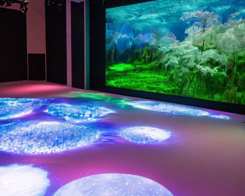 Vibrant forest projections and colorful floor patterns in digital art installation