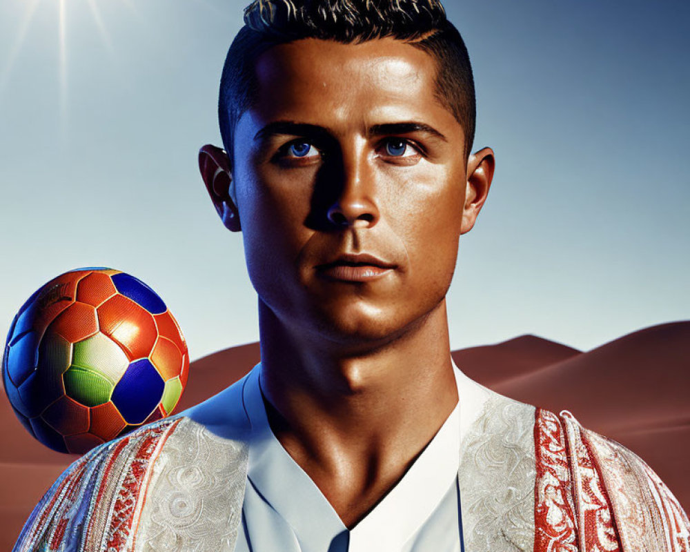 Stylized male figure with soccer ball in blue suit against desert backdrop