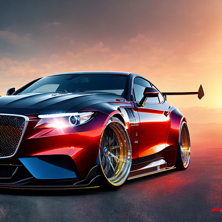 Red and Black Sports Car with Glowing Rims and LED Headlights at Sunset