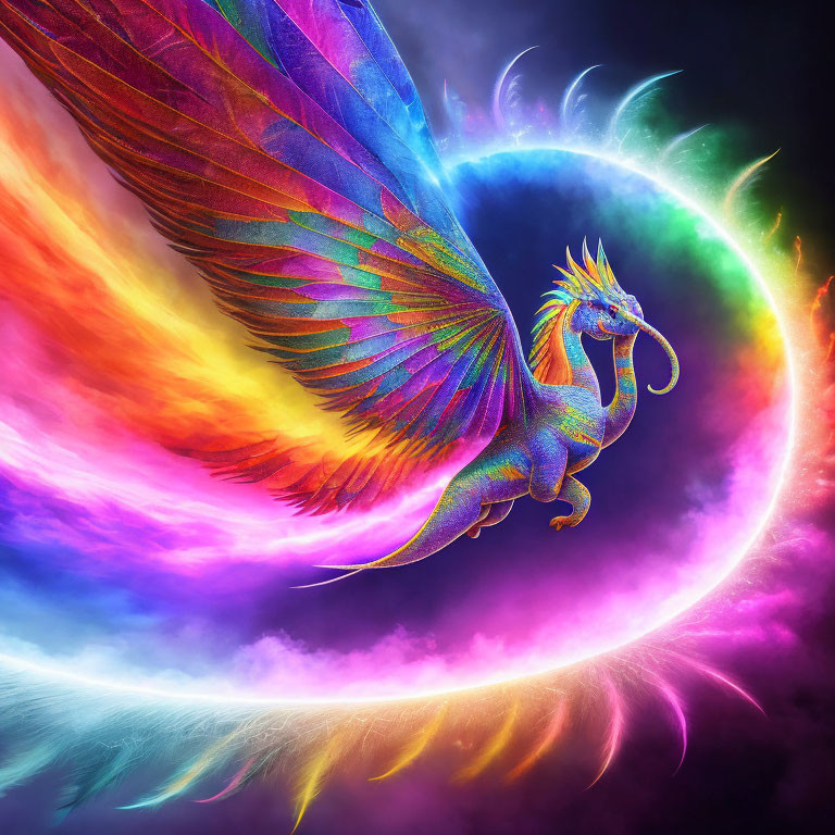 Colorful Dragon with Multicolored Wings in Cosmic Setting