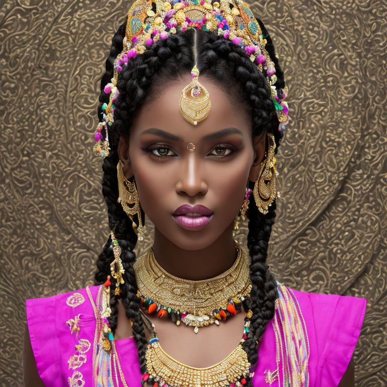 Traditional Indian Jewelry on Woman in Vibrant Pink Outfit