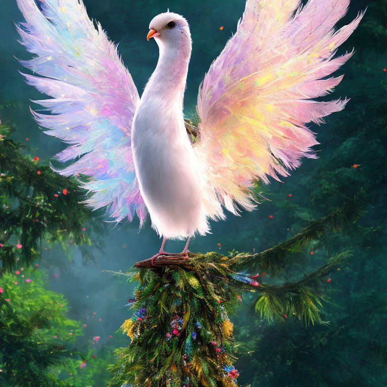 White Dove with Iridescent Wings in Mystical Forest Setting