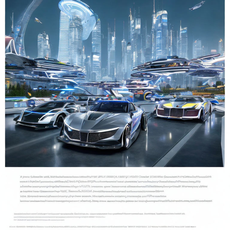 Futuristic cityscape with flying cars and skyscrapers